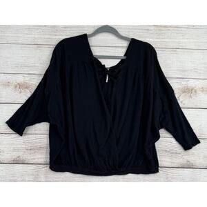 Free‎ People Criss Cross Open Front Faux Wrap Blouse Womens M Black Stretch
